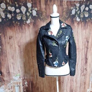 Floral Embroidered Black Leather Jacket